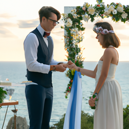 Счастливая пара обменивается клятвами на потрясающей церемонии под открытым небом с видом на Средиземное море.
