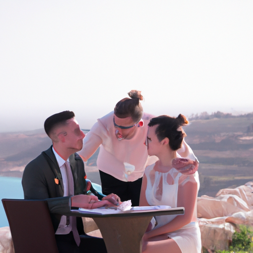 Организатор свадьбы обсуждает детали с парой на фоне красивого Кипра