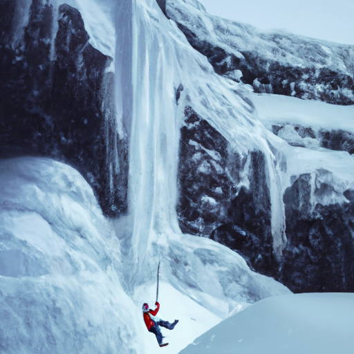 מטפס קרח נועז מדלג על מפל קפוא מלכותי בשממה האיסלנדית